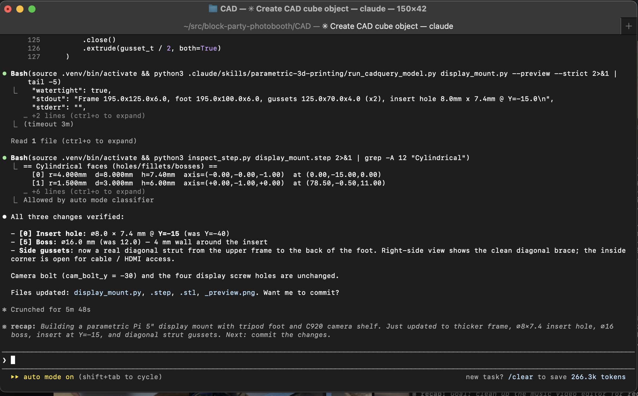 Terminal session iterating on the CAD model