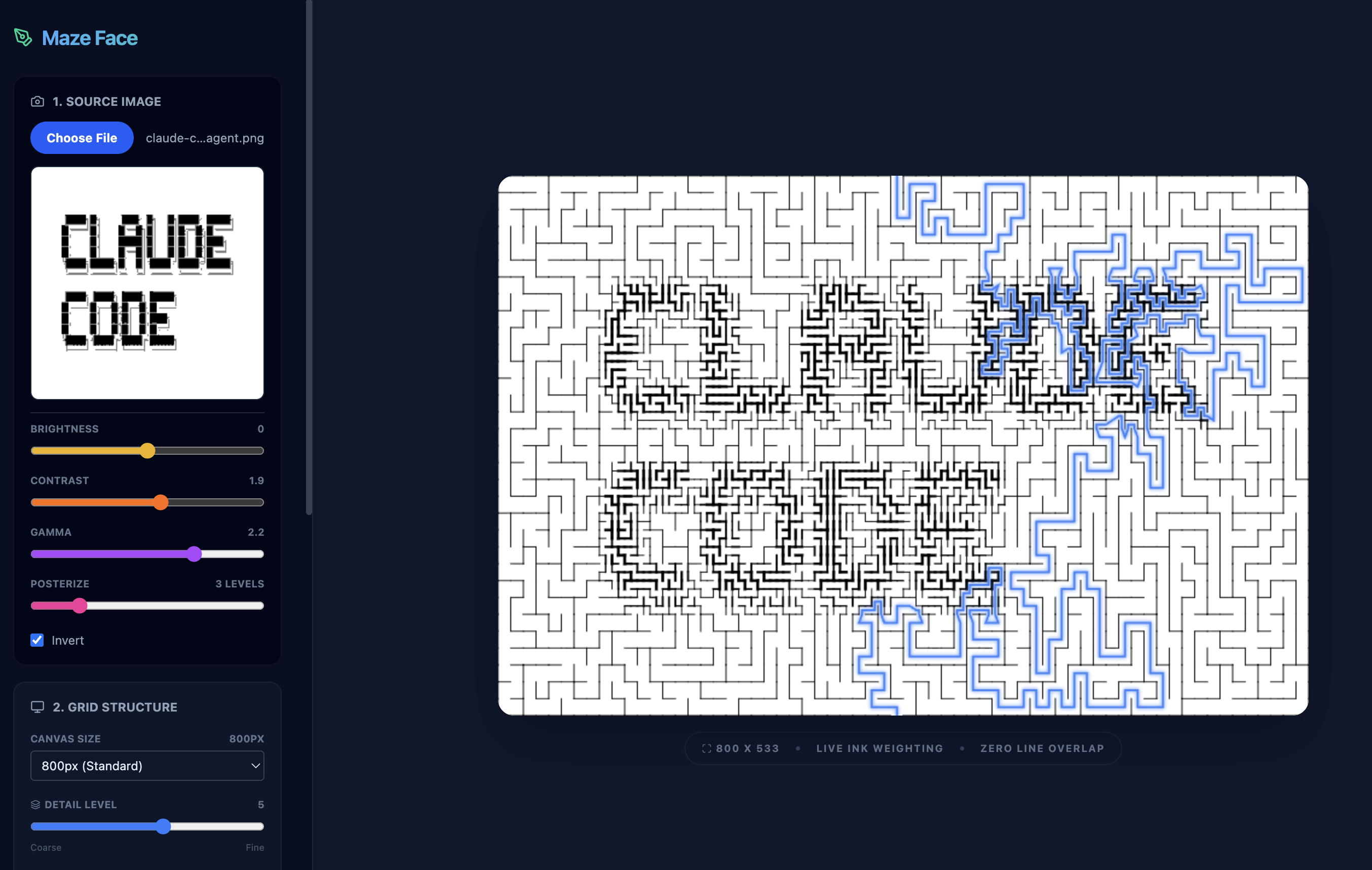 App interface showing portrait-to-maze conversion
