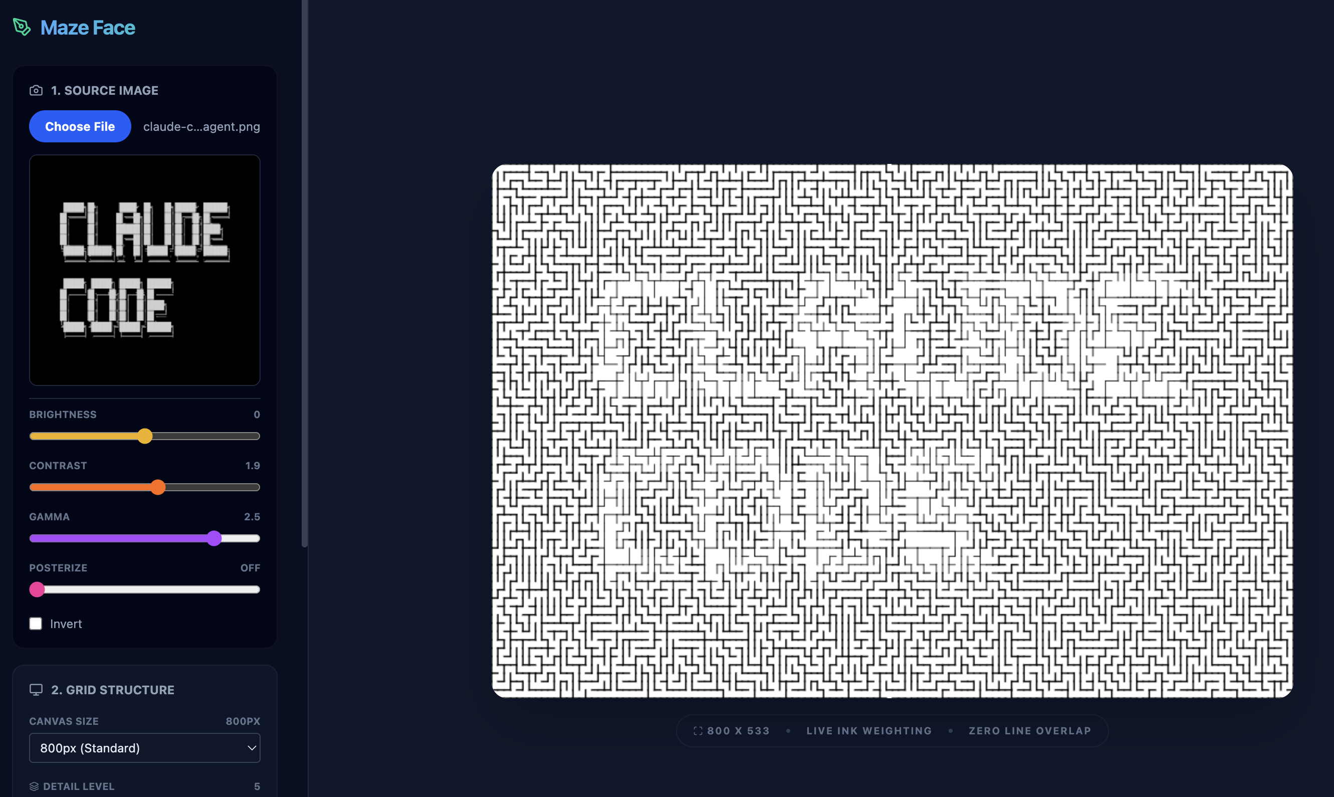 App interface showing portrait-to-maze conversion