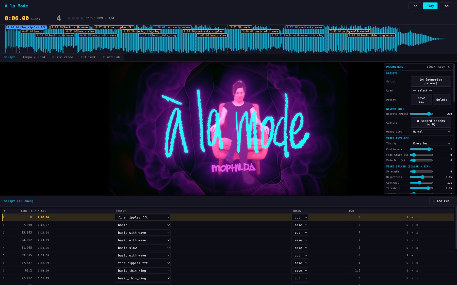The cue script timeline, with markers laid over the waveform