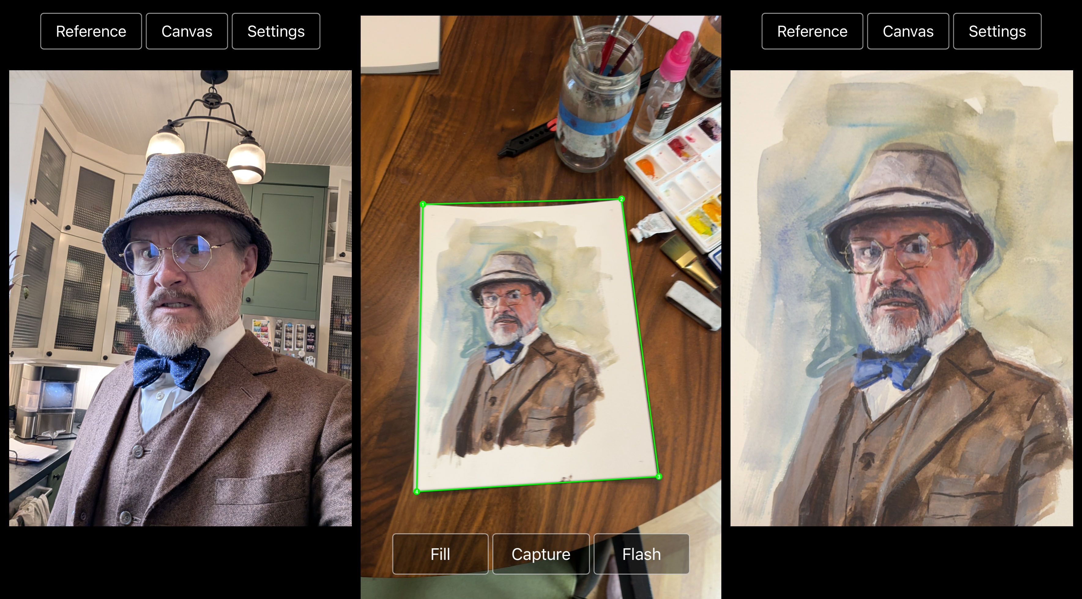 Painting sequence: reference, canvas with rect, completed canvas