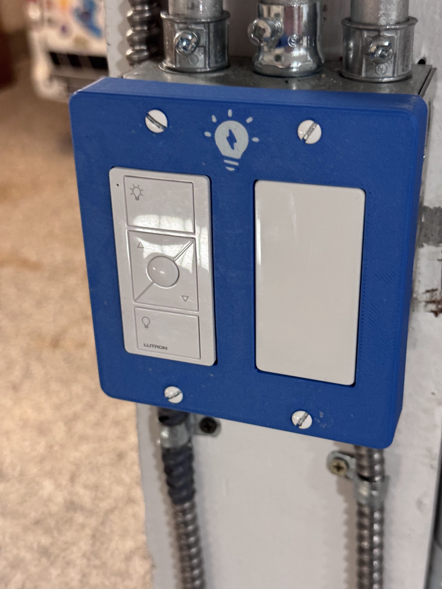 A second blue 3D-printed cover installed around two wall switches