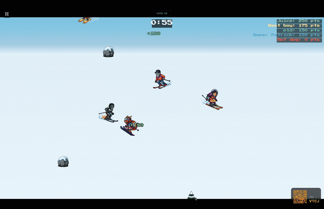Players racing downhill — pixel art characters dodging obstacles